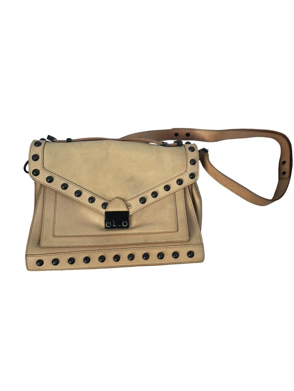 Loeffler Randall Beige Leather Studded Messenger Crossbody Bag Black Trim‎